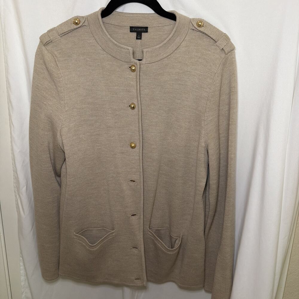 Talbots Cardigan Womens Tan 100% Merino Wool Gold Buttons Sz L